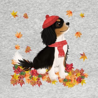 Tri-Color Cavalier King Charles Spaniel in Fall Leaves - Unique Cavalier Gift T-Shirt